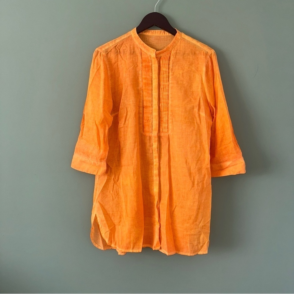 Sofia womens 3/4 Sleeve Lightweight Sheer Orange Button Up Shirt Tunic S